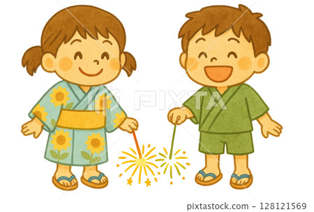 Children dressed in yukata and jinbei enjoying hand-held fireworks in summer 128121569