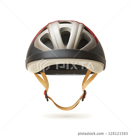 A close up shot of a black gray and red bicycle helmet with tan straps on a white background image view 128121583