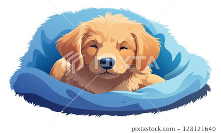 The soft texture of a cozy blanket provides a comforting backdrop for an adorable Golden Retriever puppy, its fluffy fur and peaceful slumber creating a heartwarming and charming image that evokes fe 128121640