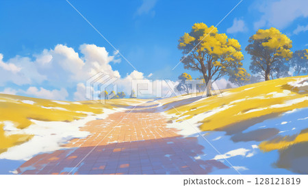Spring brick road with a thin layer of snow, cartoon style 128121819