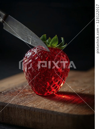 Close-up of a glossy fresh strawberry on a rustic wooden board, with a metal knife blade entering the fruit, fresh produce, or dynamic food photography. Close-up of a glossy fresh strawberry on a rustic wooden board, with a metal knife blade entering the fruit, fresh produce, or dynamic food photography. 128122017