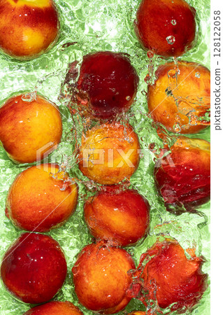 Fresh Peaches in Water. Top View Composition with Water Movement. 128122058