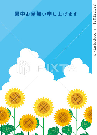 夏日問候，藍天，雲彩，向日葵，向日葵田，明信片，背景 128122188