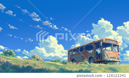 Abandoned bus under blue sky, anime style 128122241