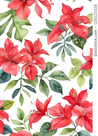 Seamless Tropical Pattern with Red Exotic Flowers and Lush Leaves. summer wrapping paper, textiles, wallpapers, and packaging. 128122328
