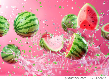 Vibrant watermelons are suspended in mid-air, splashing water against a bright pink background, creating a dynamic and refreshing scene 128122654