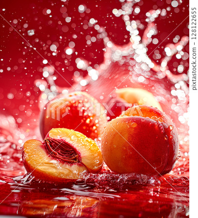 Peaches rest on a surface as water splashes around them, highlighting their vibrant colors against a striking red background 128122655