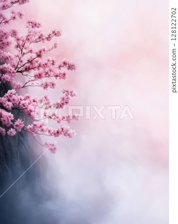 Cherry blossoms bloom gently at the base, surrounded by a soft pink mist, creating a serene and peaceful atmosphere Cherry blossoms bloom gently at the base, surrounded by a soft pink mist, creating a serene and peaceful atmosphere 128122702
