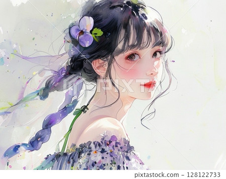 一個女孩穿著三色堇髮飾的連身裙,水彩風格 一個女孩穿著三色堇髮飾的連身裙,水彩風格 128122733