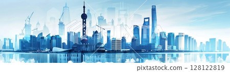 Skyscrapers dominate the city skyline, showcasing modern architecture, while construction cranes indicate ongoing development under a bright blue sky 128122819