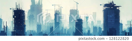 Numerous high-rise buildings outline the skyline, while construction cranes suggest ongoing development in the urban landscape at dusk 128122820