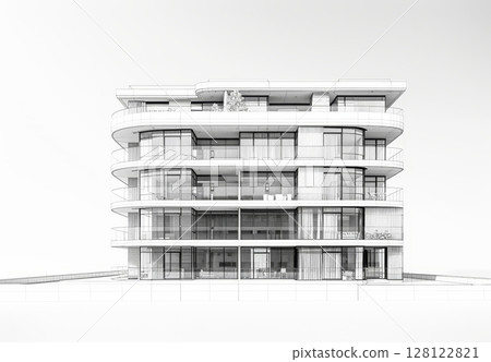 A contemporary apartment building showcases curved architectural elements with large glass facades and multiple balconies in an urban setting 128122821