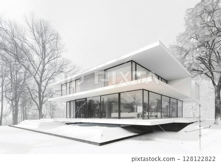 This modern minimalist house presents a striking architectural design amidst a snowy landscape, showcasing clean lines and expansive glass panels 128122822