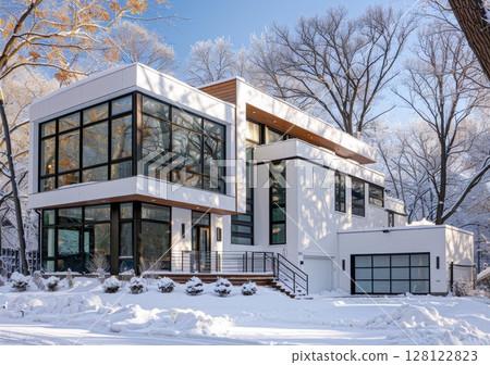Beautiful contemporary home with pristine white walls set against a winter backdrop, showcasing large windows and a snowy landscape Beautiful contemporary home with pristine white walls set against a winter backdrop, showcasing large windows and a snowy landscape 128122823