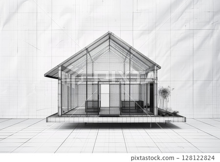 The wireframe model details a minimalist architectural design of a modern house with a focus on simplicity and structure 128122824
