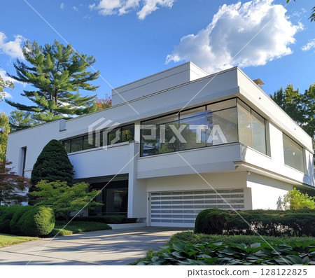 A striking white house features large glass windows and a garage surrounded by well-maintained greenery, nestled in a peaceful setting A striking white house features large glass windows and a garage surrounded by well-maintained greenery, nestled in a peaceful setting 128122825