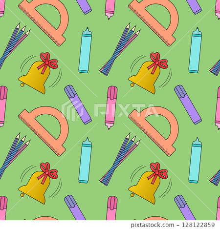 Seamless pattern with school bells, pencils, markers, and protractors on green background. For back to school theme, school or office supplies, stationery design, textile print, and wrapping paper. Seamless pattern with school bells, pencils, markers, and protractors on green background. For back to school theme, school or office supplies, stationery design, textile print, and wrapping paper. 128122859