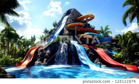 Visitors enjoy a sunny day at a vibrant water park featuring tall slides, a waterfall, and tropical greenery all around Visitors enjoy a sunny day at a vibrant water park featuring tall slides, a waterfall, and tropical greenery all around 128122874