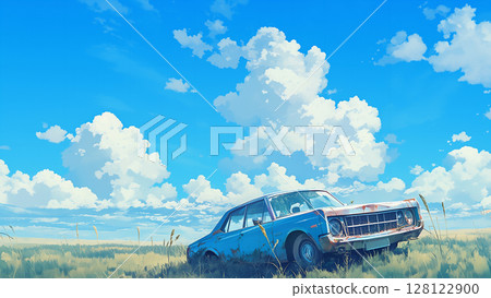 Summer blue sky and abandoned car, anime style 128122900