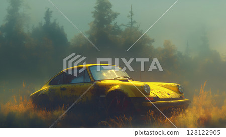 Abandoned car in humid forest, cartoon style Abandoned car in humid forest, cartoon style 128122905