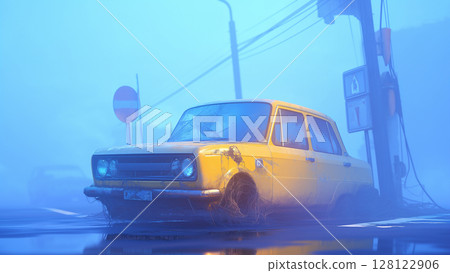 Abandoned car in foggy city, anime style Abandoned car in foggy city, anime style 128122906