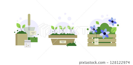 Gardening, plant growing, flowers. Set of cute illustrations Gardening, plant growing, flowers. Set of cute illustrations 128122974