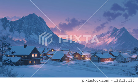 黃昏時分，挪威白雪皚皚的山村里，燈光溫暖的房屋 128123135