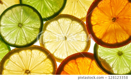 柑橘類水果橫斷面絕緣圖案排列背景 128123358