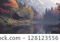 A secluded cabin by a tranquil lake in the Norwegian autumn forest 128123556