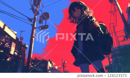 Girl staring at the sunset 128123571