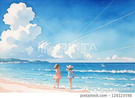 海灘上的女孩(水彩風格) 海灘上的女孩(水彩風格) 128123598