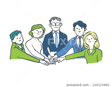 辦公室團隊團結一致、雙手合十的股票插圖 128123882