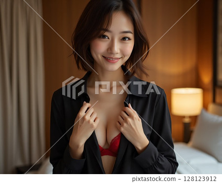 A female office worker sits on a bed and shyly takes off her black blouse to show off her body 128123912