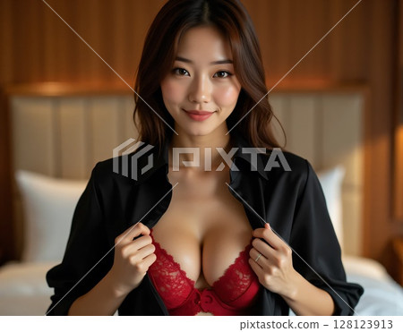 A woman boldly opens her black shirt to reveal her breasts in a red bra on a hotel bed 128123913