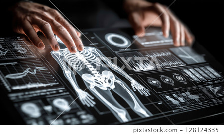 Futuristic medical interface displaying full-body human X-ray scan and health data on a digital touchscreen. 128124335