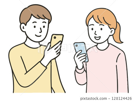 Illustration of a young man and woman looking at a smartphone Illustration of a young man and woman looking at a smartphone 128124426