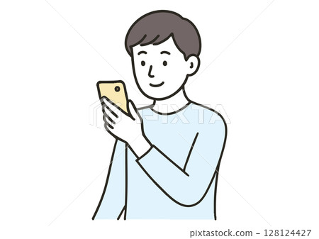 一個年輕人看著智能手機的插圖 128124427
