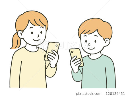 Illustration of a boy and girl looking at a smartphone 128124431