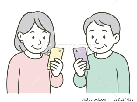 Illustration of senior men and women looking at smartphones 128124432