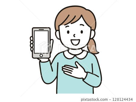 Illustration of a girl introducing a smartphone 128124434