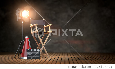 Empty director chair illuminated by spotlight. Film production and movie backstage. 3d illustration 128124495