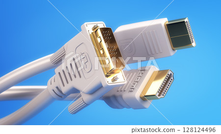 Various types of digital video cables plugs and display connectors. HDMI, Display port and DVI cables. 3d illustration 128124496