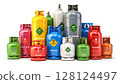 Different industrial liquefied gas containers, tanks and bottles with different gases. 3d illustration 128124497