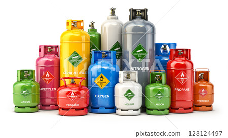 Different industrial liquefied gas containers, tanks and bottles with different gases. 3d illustration 128124497