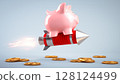 Piggy bank flying on a rocket. Financial growth and success investment concept. 3d illustration 128124499