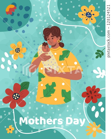 Mother day card. Happy mom hold newborn baby. Child breastfeeding, motherhood and childhood. Abstract flower background. Poster design. Loving family. Vector cartoon flat style isolated illustration 128124521