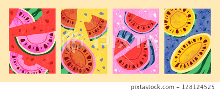 Summer watermelon poster. Fruit card design with juicy red slices, abstract background. Decorative tropical banner, bright holiday food art. Yellow and red natural organic dessert. Vector doodle set 128124525