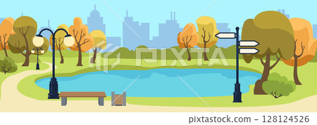 Park public with lake. Urban street garden with wooden benches and light lamp. Summer landscape. Town skyline. Outdoor seats and flashlights. Grass lawn. Plant trees. Vector empty cityscape background Park public with lake. Urban street garden with wooden benches and light lamp. Summer landscape. Town skyline. Outdoor seats and flashlights. Grass lawn. Plant trees. Vector empty cityscape background 128124526