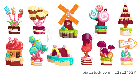 Candy land world. Sweet glaze hills. Chocolate trees. Dessert shapes. Colorful fantasy cake. Children cartoon landscape. Game scenery. Cute gingerbread homes. Vector confectionery game elements set 128124527