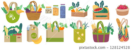 Healthy food icon. Organic market produce. Paper bag with fruit, basket with vegetables. Fresh vegan groceries, zero waste shop, bio products. ECO set. Vector cartoon flat style isolated illustration 128124528